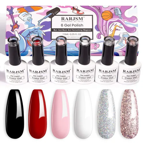 Vista 13 de RARJSM Juego de 6 esmaltes de uñas de gel, color marrón, café, vino, borgoña, nude, morado, rosa, champán, dorado, purpurina, para invierno, secado