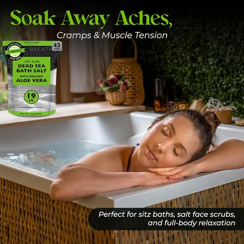 Vista 6 de Aromasong Sal del Mar Muerto con aloe vera orgánico, sales de baño de spa, paquete resellable fino a granel de 19 libras, 100% pura y natural