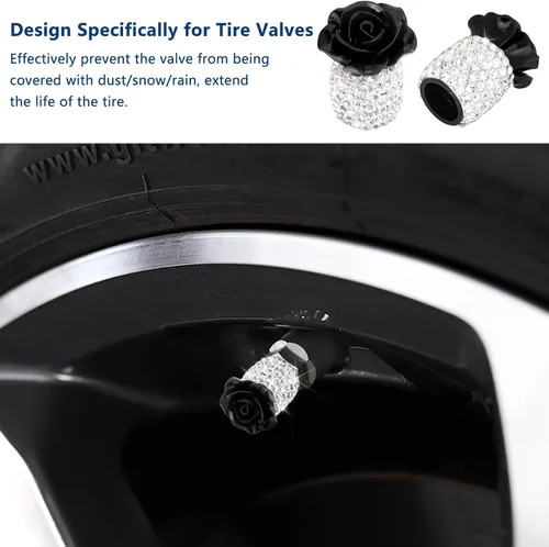 Vista 2 de Tapas brillantes para válvula de neumático 4 Pack, tapas de válvula de neumático con flores de rosa, cubiertas universales de vástago con diamantes