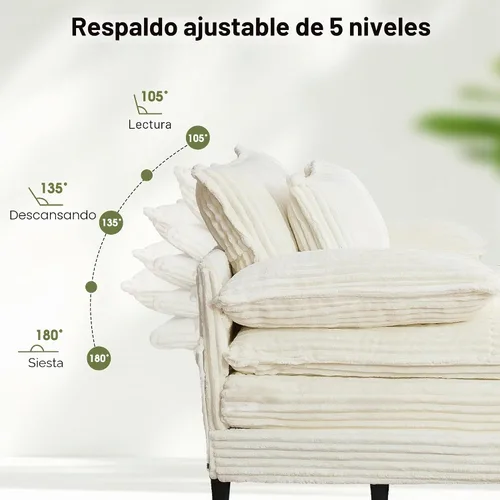 Vista 3 de WESTSETLUX Tumbona extragrande de 54.8 pulgadas de ancho para interiores con respaldo ajustable de 5 posiciones, sofá cama de pana con 3 almohadas