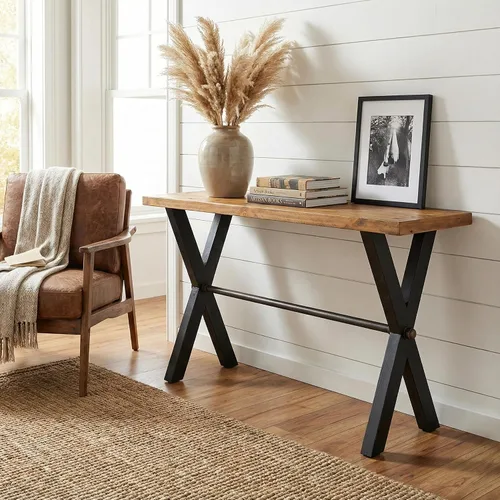 Vista 2 de Cortesi Home Austin - Mesa consola, madera maciza recuperada con patas de madera negra, pino miel