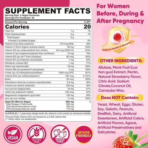 Vista 2 de Vitaminas Prenatales para Mujeres en Gomitas, Metilfolato 1mg, Omega 3 DHA Vegano 800mg, Hierro, Colina, Yodo, Vitamina D3 B6 B12 - Multivitamínico