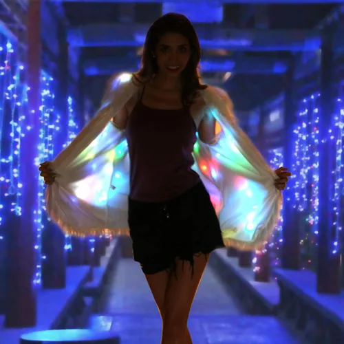 Vista 3 de Abrigo de piel LED para mujer chaqueta brillante con luz de arco iris disfraz de rave peludo blanco Blanco