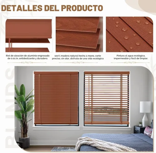 Vista 4 de Persianas de madera real de 2 pulgadas para ventanas de interior, persianas venecianas opacas de madera maciza, tamaño personalizado, color cereza