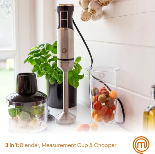Vista 3 de MasterChef - Batidora de inmersión de mano, varilla de mezcla de acero inoxidable con accesorio picador y jarra medidora, batidora de puré