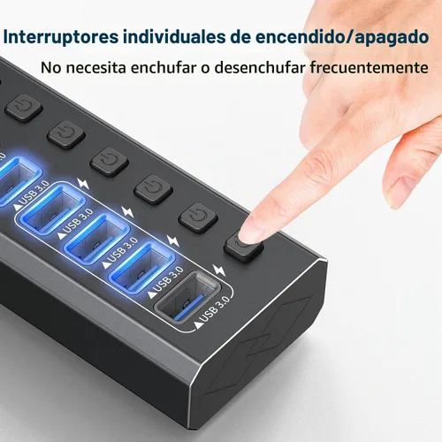 Vista 4 de Hub USB 3.0 alimentado de aluminio de 10 puertos USB 3.0 Hub de datos con adaptador de corriente de 12V/4A (48W) e interruptores individuales de Hub