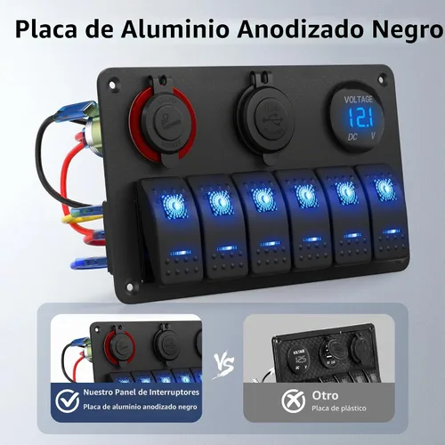 Vista 3 de RVBOATPAT Panel de interruptor marino de 6 bandas Panel de interruptor de barco impermeable Interruptor basculante de 12 V Panel de interruptor azul