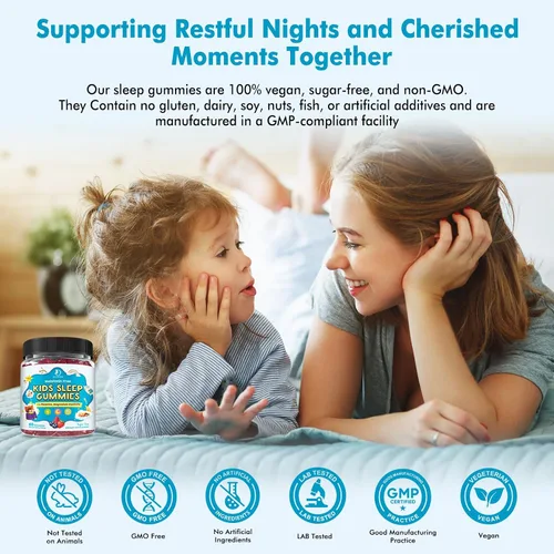 Vista 6 de Gomitas para dormir para niños con glicinato de magnesio, apoyo sin melatonina para dormir para niños, calma y relajación con L-teanina, GABA