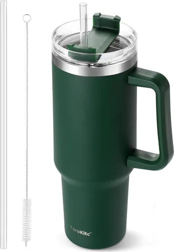 Vista 20 de TaroKitc Vaso de 30 onzas con asa y popote abatible, botella de agua aislada al vacío de triple pared, taza de viaje reutilizable a prueba de fugas
