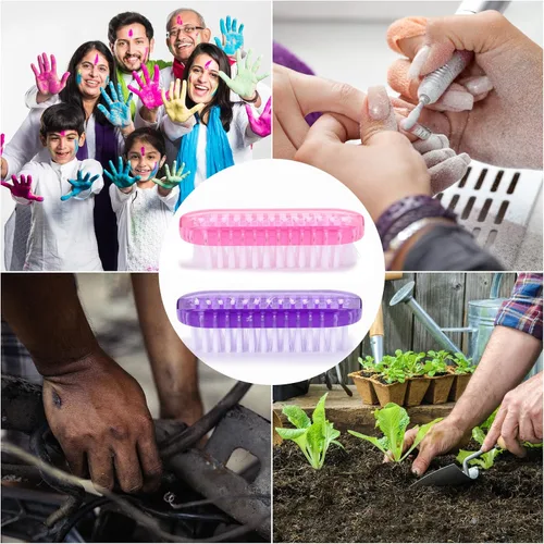 Vista 6 de Cepillos de limpieza de uñas de plástico para uñas de 2 caras, cepillo antideslizante para uñas, paquete de 4 (rosa y morado)