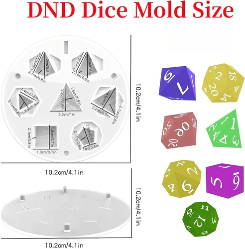 Vista 2 de Juego de 7 moldes de dados poliédricos estándar DND para resina, estilo losa de tapa, diseño de borde redondo afilado, juego de dados de resina