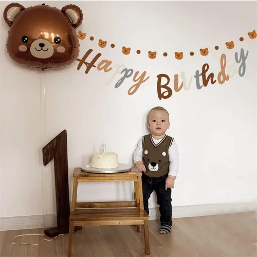 Vista 6 de Cartel de feliz cumpleaños con tema de oso con lindo cartel de oso, decoración de banderines para fiesta de cumpleaños, suministros para fiesta