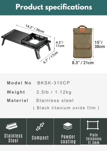 Vista 2 de CAMPINGMOON - Mesa de campamento individual pequeña con escudo térmico de acero inoxidable, ligera, compacta con bolsa de almacenamiento para estufa