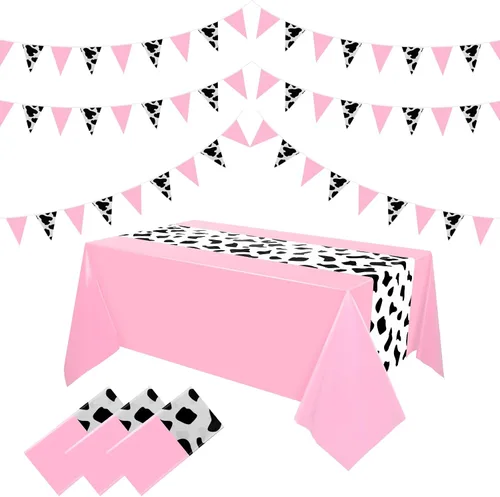 Vista 8 de Oudain Mantel de vaquero rosa de 54 x 108 pulgadas, 6 piezas de 9.84 pies, patrón de vaca, banderines de plástico con temática de vaca, mantel