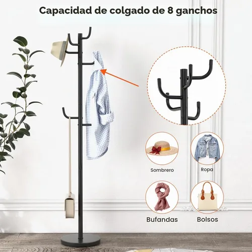 Vista 7 de Tangkula Perchero independiente, árbol de metal resistente con 8 ganchos, soporte para colgar abrigos con base ampliada de 13 pulgadas, árbol