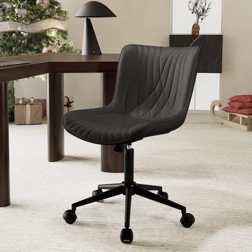Vista 15 de YOUTASTE Silla de escritorio de oficina sin brazos con ruedas, silla giratoria ajustable, tapizada de piel sintética, soporte ergonómico