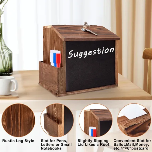 Vista 4 de Caja de sugerencias de madera con ranura y cerradura, cajas de donación de dinero con punta de madera para recaudación de fondos, caja de votación