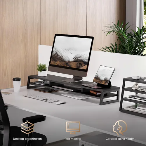 Vista 8 de Fenge Soporte de monitor doble para escritorio, elevador de monitor grande de 42.5 pulgadas para 2 monitores, estante superior de escritorio