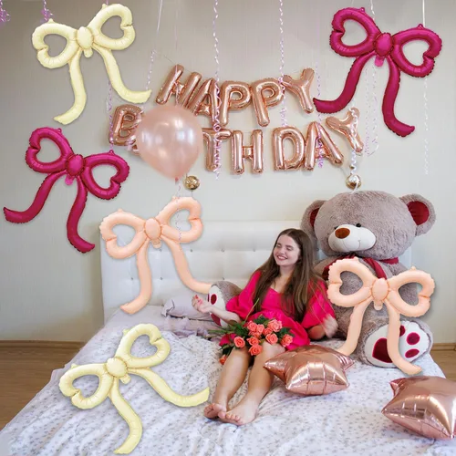 Vista 6 de 6 globos de lazo rosa, globos de papel de aluminio, decoración de fiesta para niñas, regreso a la escuela, graduados, baby shower, boda, compromiso