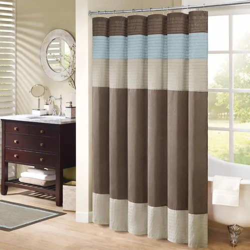 Vista 8 de Madison Park Amherst - Cortina de ducha para baño, 72 x 72 pulgadas, seda sintética, color aguamarina Clásico moderno, brillo ligero, a rayas