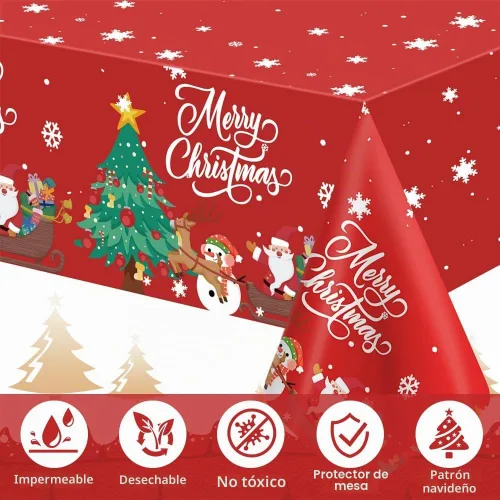 Vista 4 de Mantel de Navidad, 2 piezas de mantel desechable de plástico rojo, mantel de 54 x 108 pulgadas para decoraciones de Navidad, mantel de árbol