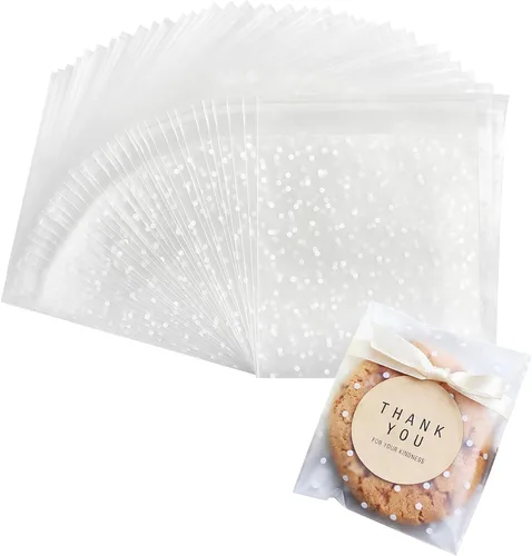 Vista 7 de Zezzxu 300 bolsas autoadhesivas para galletas, 4 x 4 pulgadas Patrón de lunares blancos, bolsas de celofán transparente para empaquetar galletas