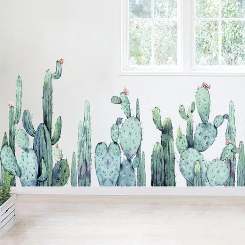 Vista 7 de Calcomanías de pared de cactus, calcomanías de cactus de plantas verdes para decoración de pared de espejo, murales de vinilo removibles para sala