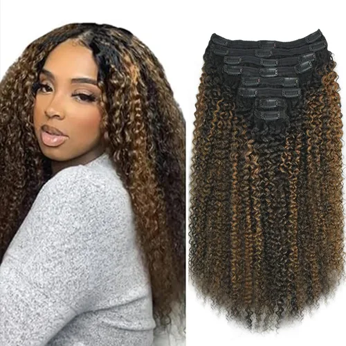 Vista 65 de Extensiones de cabello humano real rizado con clip, 4/27/4, ombré, rizado con clip, para mujer, 3C y 4A (12 pulgadas, #4/27/4)