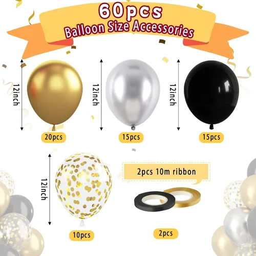Vista 3 de Paready - Globos negros y dorados, 60 globos de 12 pulgadas de confeti dorado, globos de látex para fiestas con cintas para cumpleaños, graduación