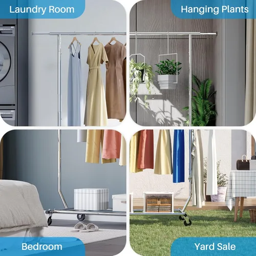 Vista 9 de HOKEEPER Perchero para ropa, percheros enrollables para colgar ropa, perchero portátil con ruedas bloqueables, perchero de ropa resistente de uso