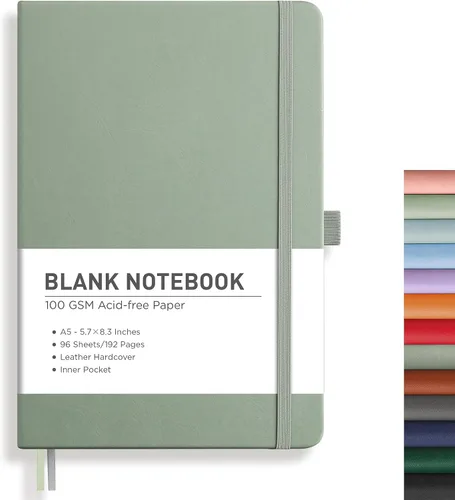 Vista 34 de RETTACY Cuaderno de diario con puntos y viñetas, 192 páginas, tamaño mediano A5 (5.7" x 8.3"), tapa dura de cuero, papel grueso de 100 gsm
