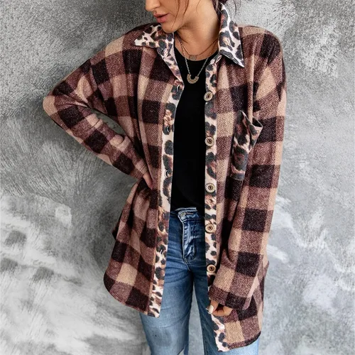 Vista 2 de Women Lightweight Spread Collar Plaid Wool Blend Lapel Midi Long Shacket Trench Jacket Coat Long Pocketed Shacket
