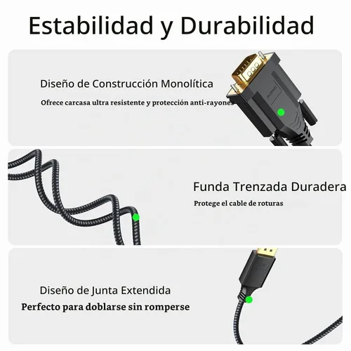 Vista 2 de Cable DisplayPort a VGA, puerto de pantalla DP a VGA 1080P@60Hz, trenzado
