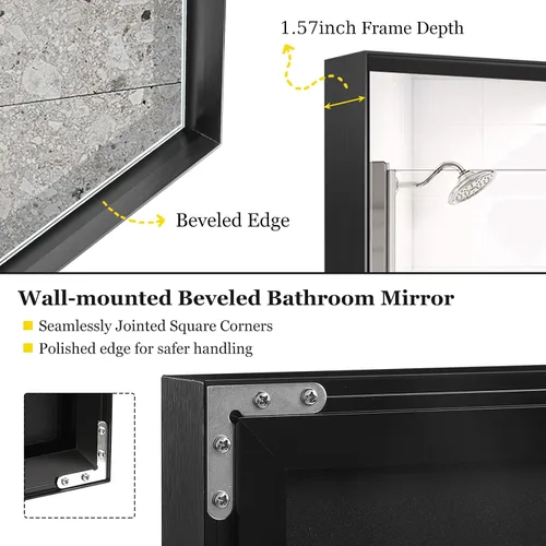 Vista 8 de Espejo rectangular de baño negro brillante de 40 x 30 pulgadas para pared, espejo de tocador para colgar en la esquina, espejo rectangular moderno
