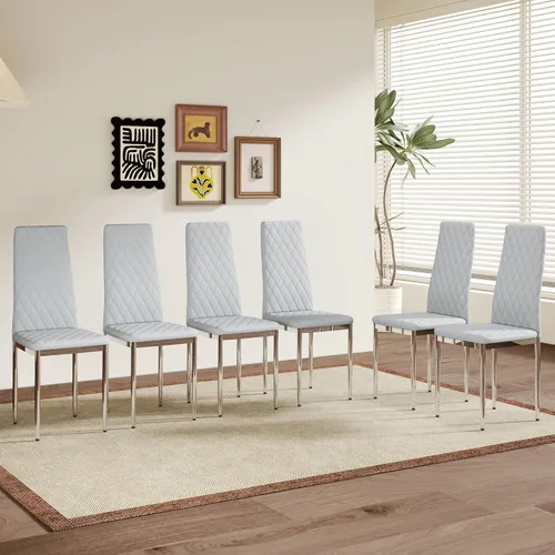 Vista 12 de Juego de 8 sillas de comedor modernas, sillas de cocina tapizadas minimalistas con respaldo alto, sillas laterales sin brazos con patas de metal