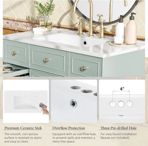 Vista 3 de LUMISOL Tocador de baño de 36 pulgadas con fregadero, tocador de baño de madera maciza con 3 cajones y armario agitador, gabinete de lavabo