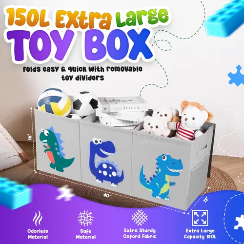 Vista 2 de Organizador de almacenamiento de juguetes extra grande para niños, caja de juguetes plegable de 40 x 13 x 16 pulgadas con 3 tapas, divisores