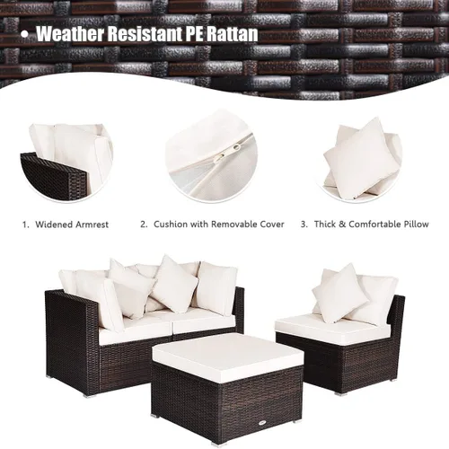 Vista 6 de HAPPYGRILL Juego de sofá de mimbre para patio de 4 piezas, moderno juego de sofá modular con cojines y almohadas lavables, juego de muebles de ratán