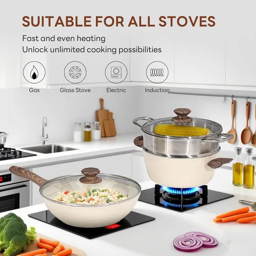 Vista 3 de Sweetcrispy Juego de 17 ollas y sartenes antiadherentes, juego de cocina no tóxico con asas que se mantienen frescas, color blanco crema