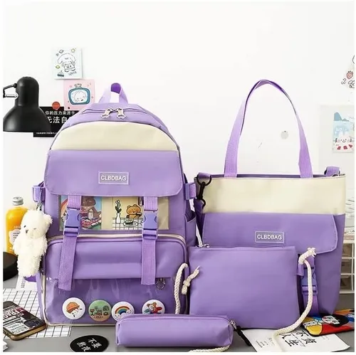 Vista 2 de Zuobulaoji Mochila Kawaii con bonitos colgantes e insignias de felpa, mochila escolar de alta capacidad, bonita mochila estética, Púrpura-4 piezas