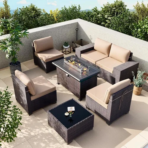 Vista 48 de Gotland Juego de muebles de patio de 6 piezas con 1 mesa auxiliar, 5 plazas de ratán seccional para exteriores con reposabrazos anchos de 29.5 Gris