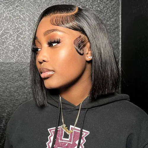 Vista 10 de Peluca Bob de pelo humano 13x4 encaje frontal HD estilo Bob corta y recta con parte lateral para mujeres negras, pelo humano prearrancado, sin De