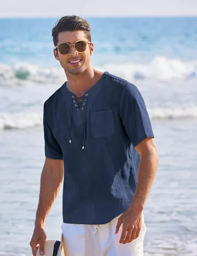 Vista 2 de COOFANDY Camiseta casual de lino de algodón para hombre, manga corta, con cordones, para la playa