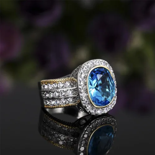 Vista 4 de Anillo de plata de ley 925 con diamantes completos brillantes de oro de 18 quilates, anillo de cóctel de zafiro con circonita cúbica, anillo