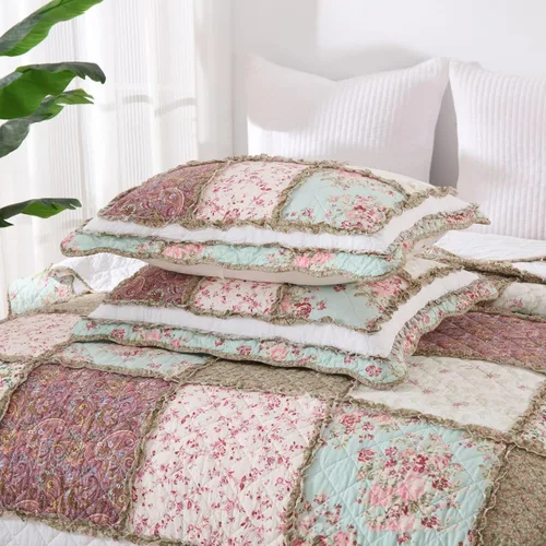 Vista 5 de ABREEZE Juego de edredón acolchado de algodón con diseño de retazos florales y rosas azules, juego de colcha rústica de 3 piezas