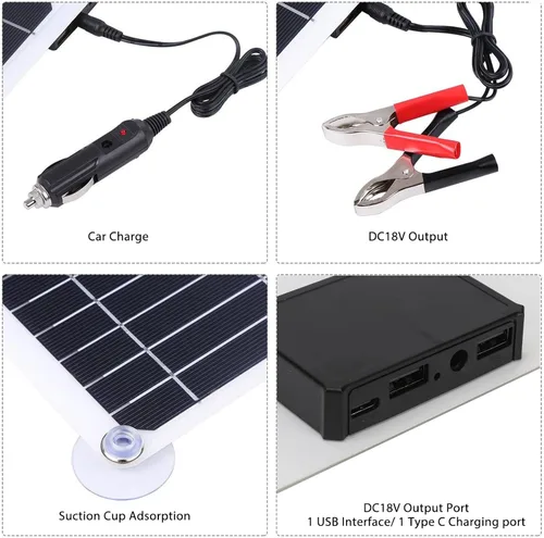 Vista 3 de Cargador de batería solar de 100 W y 18 V, controlador USB portátil, kit de carga de panel monocristalino, kit de panel solar para barco, coche, RV