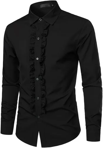 Vista 2 de Blusa de negocios con botones Hombre Camisa de Manga Larga Cuello Alto Tops Camiseta Trabajo de parches lisos Túnica