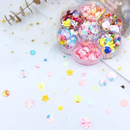 Vista 6 de 1 caja de lentejuelas y lentejuelas para manualidades, lentejuelas multicolor para niños, suministros de lentejuelas para hacer joyas, ropa hecha a