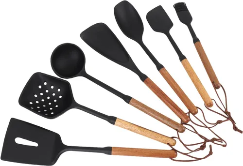 Vista 8 de Juego de utensilios de cocina de 7 piezas, material de silicona con tolerancia al calor, construcción de mango de madera, adecuado para superficies