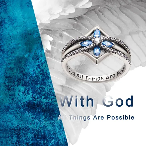Vista 4 de YFN Anillo de cruz de plata de ley con Dios todas las cosas son posibles, anillo de circonita cúbica talla 6-10